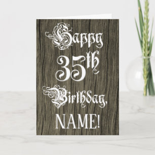 35th Birthday: Fancy, Elegant Text; Faux Wood Look Kaart