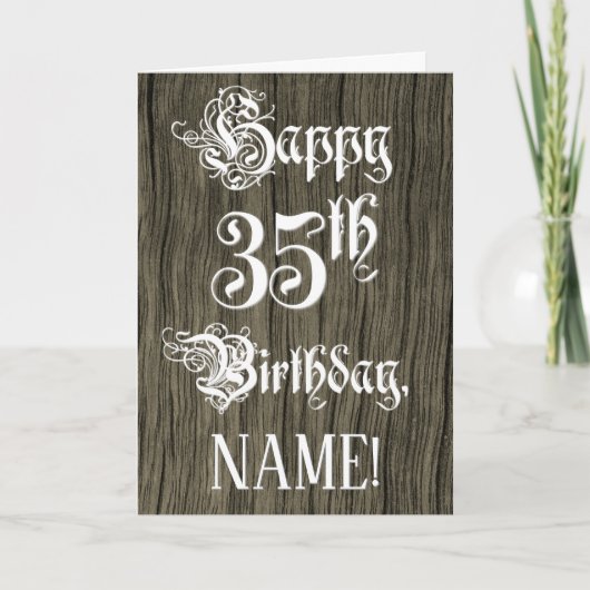 35th Birthday: Fancy, Elegant Text; Faux Wood Look Kaart (Voorkant)