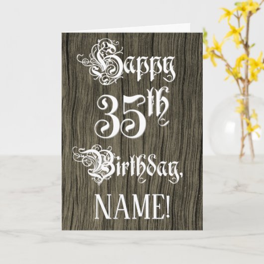 35th Birthday: Fancy, Elegant Text; Faux Wood Look Kaart (Gele Bloem)
