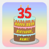 35th Birthday: Fun Cake and Candles + Custom Name Vierkante Sticker (Voorkant)