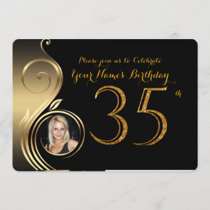 35th, Birthday Invitation, Number Glitter Gold,Fot Kaart