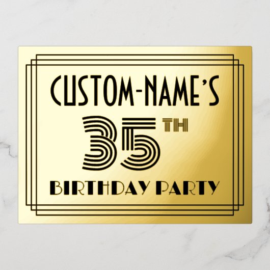35th Birthday Party ~ Art Deco Style “35” + Name Folie Uitnodiging Briefkaart (Voorkant)
