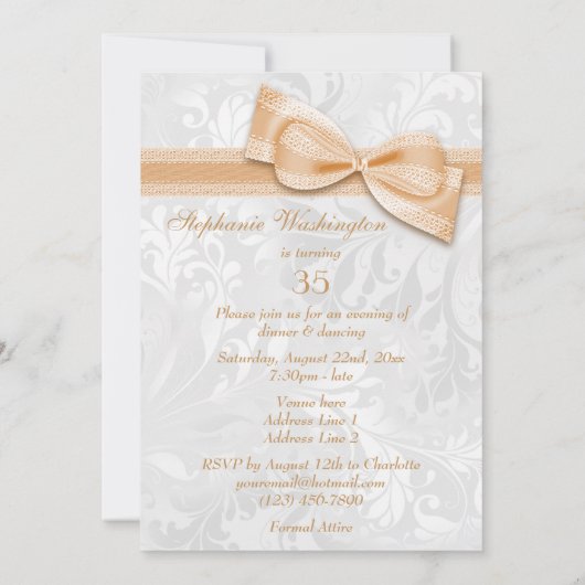 35th Birthday Party Damask en Faux Bow Kaart (Achterkant)