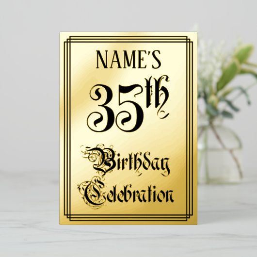 35th Birthday Party — Elegant Script + aangepaste Folie Uitnodiging (Staand Voorkant)