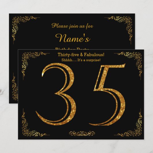 35th Birthday party, Gatsby styl, zwarte gouden gl Kaart (Voorkant / Achterkant)