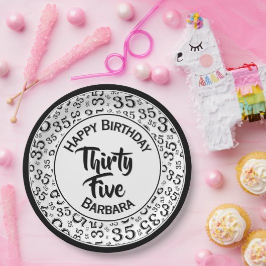 35th Birthday Party Number Pattern Black/White Papieren Bordje (Feest)