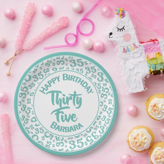 35th Birthday Party Number Pattern Blauwgroen/Whit Papieren Bordje (Feest)