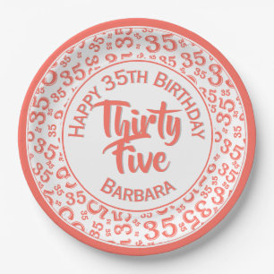 35th Birthday Party Number Pattern Coral/White Papieren Bordje
