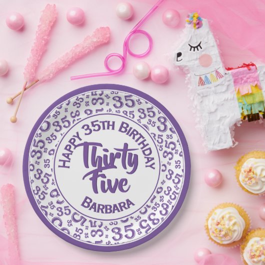 35th Birthday Party Number Pattern Paars/White Papieren Bordje (Feest)