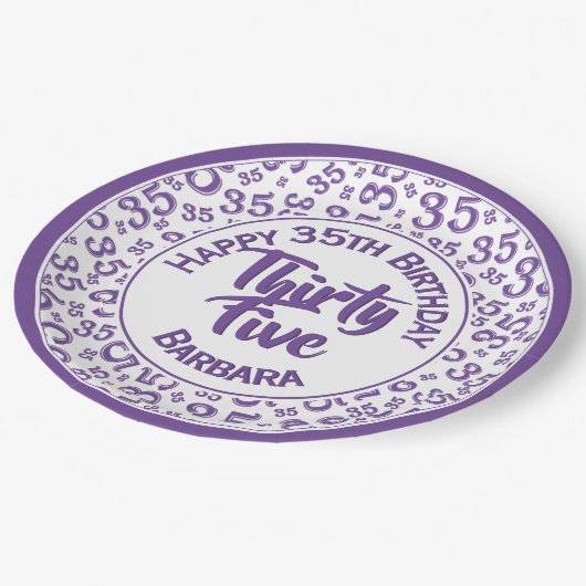 35th Birthday Party Number Pattern Paars/White Papieren Bordje (Gekanteld)