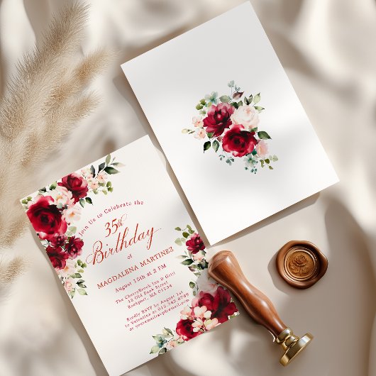 35th Birthday Red Rose Pink Peony Floral Kaart