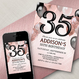 35th Birthday Roos Gold Balloons Invitation Kaart
