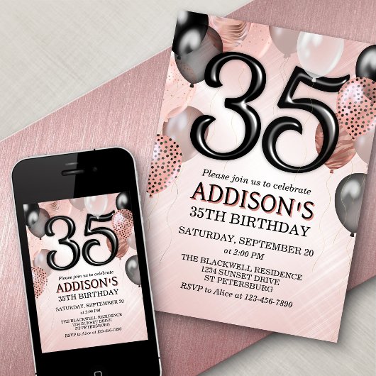 35th Birthday Roos Gold Balloons Invitation Kaart