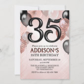 35th Birthday Roos Gold Balloons Invitation Kaart (Voorkant)