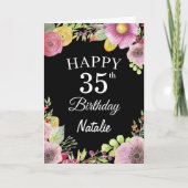 35th Birthday Waterverf Floral Flowers Black Card Kaart (Voorkant)