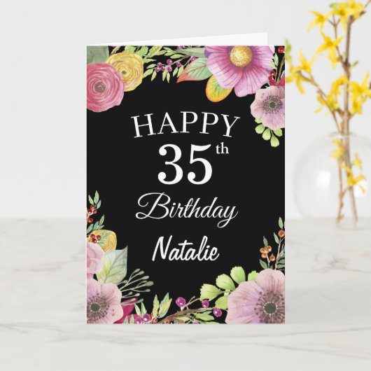 35th Birthday Waterverf Floral Flowers Black Card Kaart (Gele Bloem)