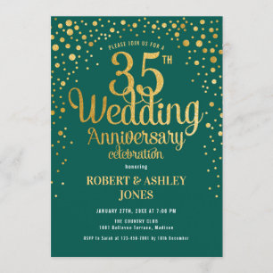 35th Wedding Jubileum - Emerald Green & Gold Kaart