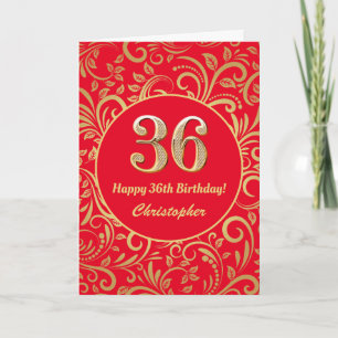 36e Birthday Red en Gold Floral Pattern Kaart