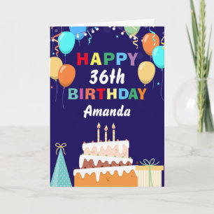 36e Happy Birthday Balloons Cake Navy Blue Kaart
