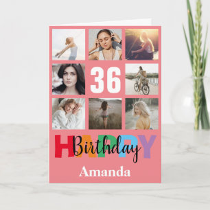 36e Happy Birthday Photo Collage Modern Pink Card Kaart