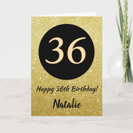 36e Happy Birthday Zwart en Goud Glitter Kaart (Voorkant)