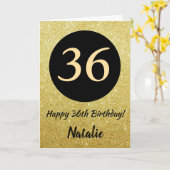 36e Happy Birthday Zwart en Goud Glitter Kaart (Gele Bloem)