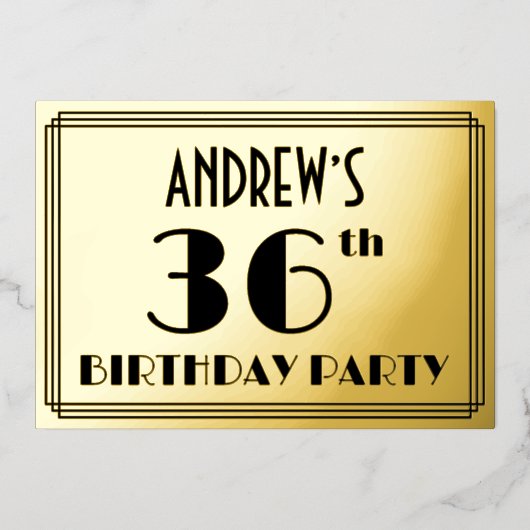36e verjaardag — Art Deco look "36" + Naam Folie Uitnodiging (Voorkant)