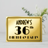 36e verjaardag — Art Deco look "36" + Naam Folie Uitnodiging (Staand Voorkant)