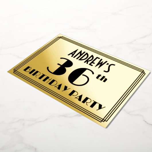 36e verjaardag — Art Deco look "36" + Naam Folie Uitnodiging (Gedraaid)
