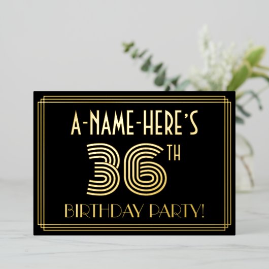 36e verjaardag — Art Deco Style "36" + Naam Folie Uitnodiging (Staand Voorkant)