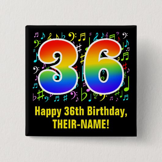 36e verjaardag: Colorful Music Symbols, Rainbow 36 Vierkante Button 5,1 Cm (Voorkant)