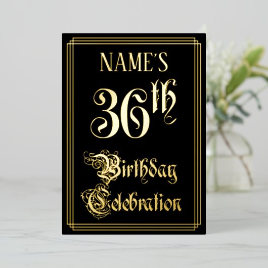 36e verjaardag — Fancy script en aangepaste naam Folie Uitnodiging (Staand Voorkant)
