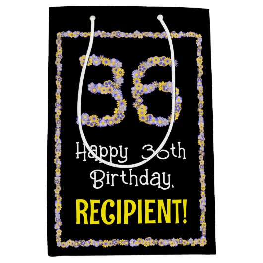 36e verjaardag: Floral Flowers Number, Custom Name Medium Cadeauzakje (Voorkant)