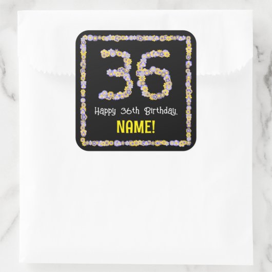 36e verjaardag: Floral Flowers Number, Custom Name Vierkante Sticker (Tas)