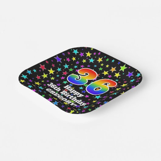 36e verjaardag: Fun Stars Pattern and Rainbow "36" Papieren Bordje (Gebogen)