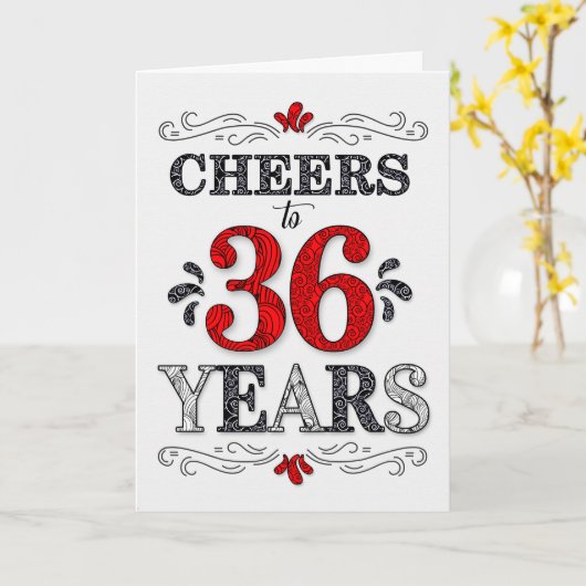 36e verjaardag gejuich in rood wit zwart patroon kaart (Gele Bloem)