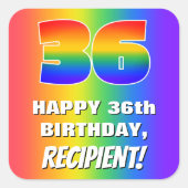 36e verjaardag: kleurrijk, vun regenboogpatroon #  vierkante sticker (Voorkant)