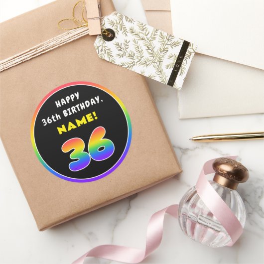 36e verjaardag: kleurrijke regenboog # 36, Naam va Ronde Sticker (Geschenken)