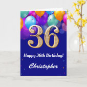 36e verjaardag marineblauw en goudkleurige ballonn kaart (Gele Bloem)