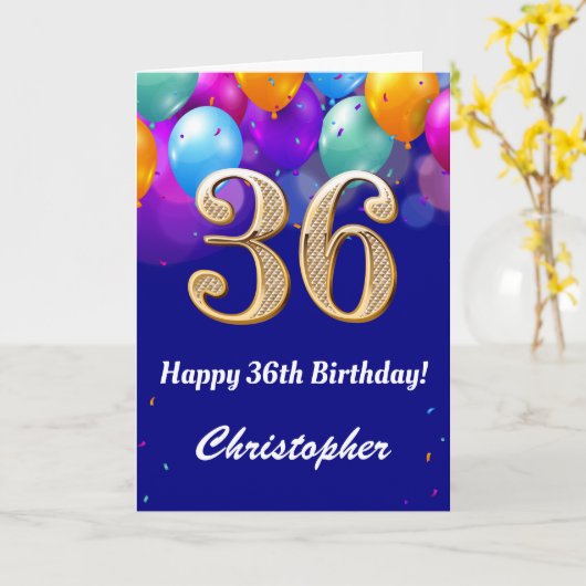 36e verjaardag marineblauw en goudkleurige ballonn kaart (Gele Bloem)