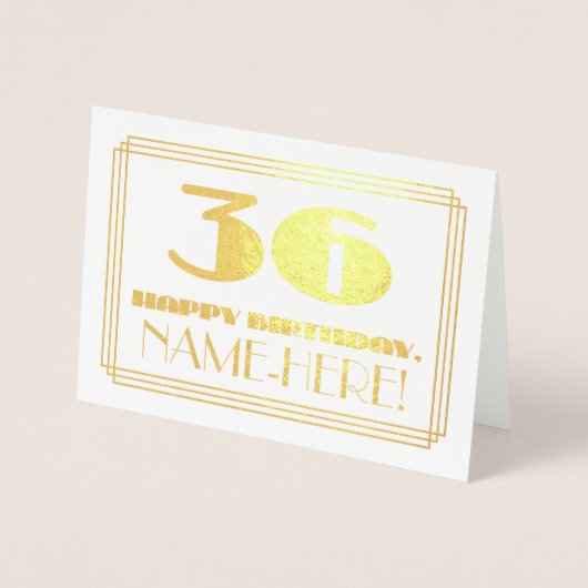 36e verjaardag; naam + Art Deco geïnspireerd look  Folie Kaarten (Voorkant)