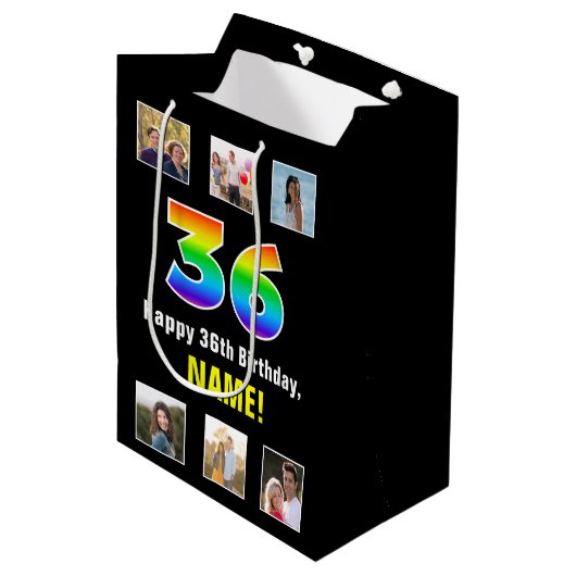 36e verjaardag: Regenboog "36", aangepaste foto's  Medium Cadeauzakje (Voorkant Gekanteld)