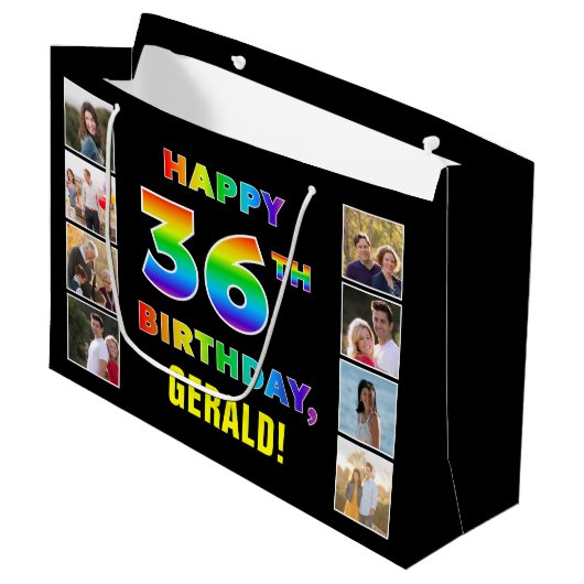 36e Verjaardag: Regenboogtekst, Aangepaste foto's  Groot Cadeauzakje (Voorkant Gekanteld)