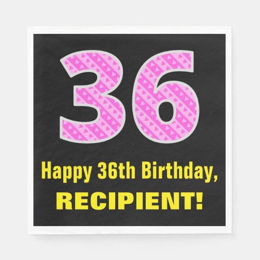 36e verjaardag: roze strepen en harten "36" + naam servet (Voorkant)