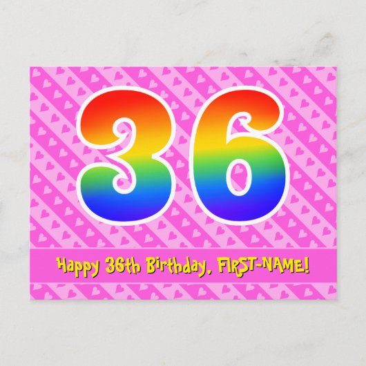 36e verjaardag: roze strepen & harten, regenboog 3 briefkaart (Voorkant)