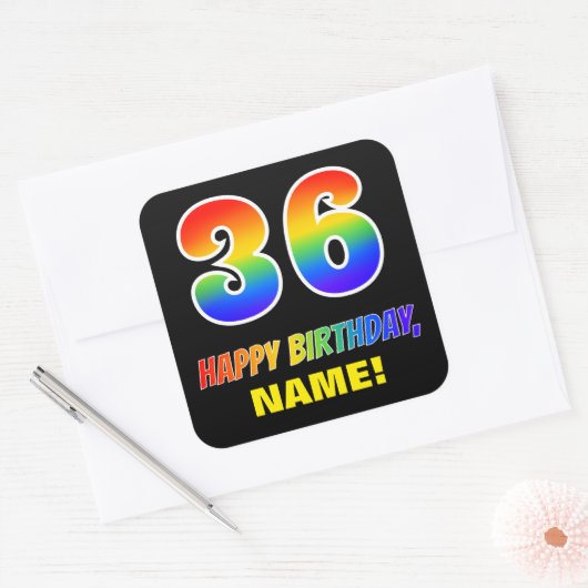 36e verjaardag: Vet, Vun, eenvoudig, regenboog 36 Vierkante Sticker (Envelop)