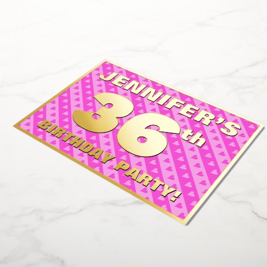 36e verjaardag — vuurroze harten en strips folie uitnodiging (Gedraaid)