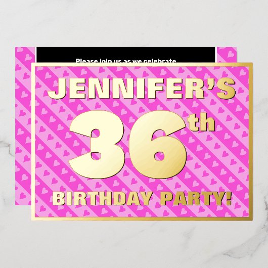 36e verjaardag — vuurroze harten en strips folie uitnodiging (Voorkant / Achterkant)