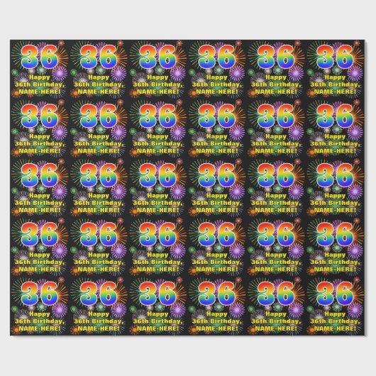 36e verjaardag: vuurwerk, regenboogblik # "36" cadeaupapier (Vlak)