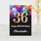 36e verjaardag zwarte en goudkleurige ballonnen kaart (Gele Bloem)